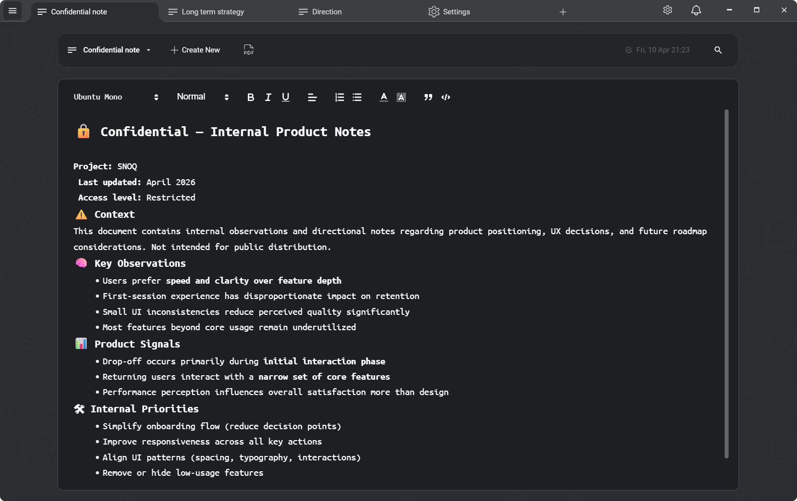 Snoq secure notes application interface