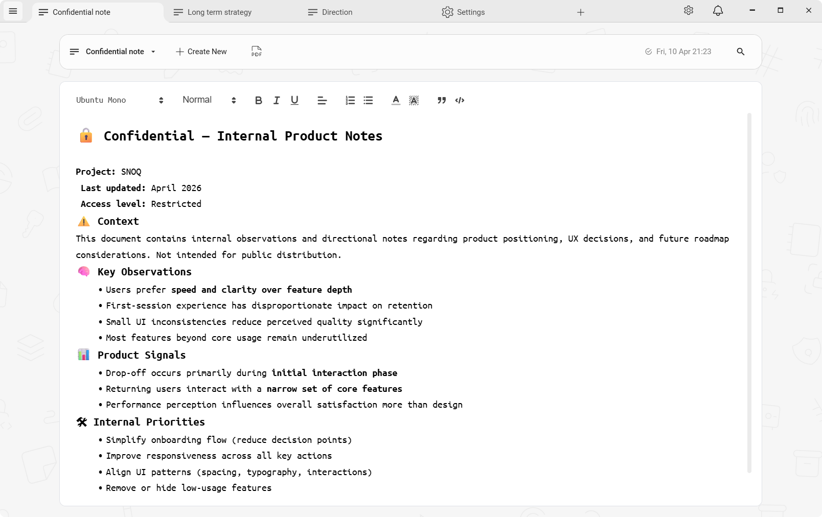 Snoq secure notes application interface